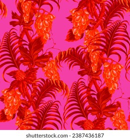 Seamless pattern with pink grapes branches. Vector.