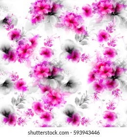Seamless pattern with pink and gray abstract flowers and decorative elements on white background.