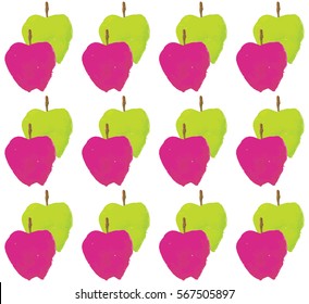 Seamless Pattern with Pink and Green Apples Isolated on White Background. Watercolor Hand Drawn Illustration.