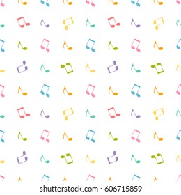 Seamless pattern with pink, green, blue and red music notes