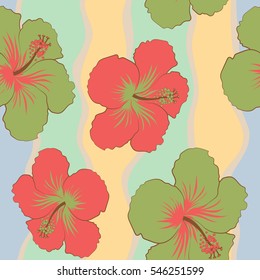 Seamless pattern in pink and green colors. Vector vintage seamless tropical hibiscus flowers.