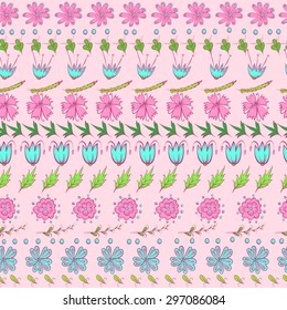 Seamless pattern with pink and green flowers.