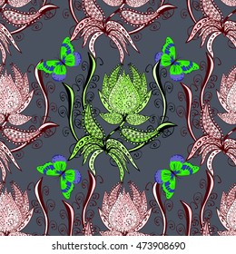 Seamless pattern with pink and green flowers and green butterflies on grey background, hand-drawing. Vector illustration.