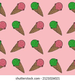 Patrón inmaculado con helado rosa y verde sobre fondo rosa claro. Imagen vectorial. 