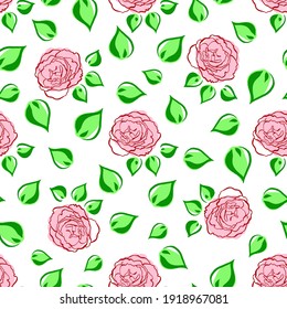 Seamless pattern with pink green leaved roses. Hand draw flower. Line brush style. Vector background. For wrapping, fabric textile, package design, wallpaper, clothes print, digital paper