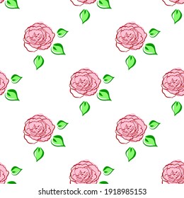 Seamless pattern with pink green leaved roses. Hand draw flower. Line brush style. Vector background. For wrapping, fabric textile, package design, wallpaper, clothes print, digital paper