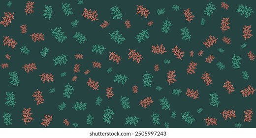 Seamless pattern of pink and green leaves on a dark green background. Botanical and minimalist designs.