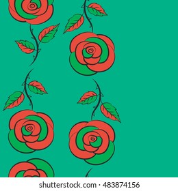 Seamless pattern with pink, green and orange rose flowers, vector floral illustration in vintage style.
