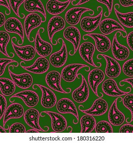 Seamless pattern of pink green paisley ornament