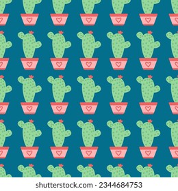 Seamless pattern with pink and green potted cactus on blue background vector illustration