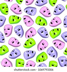 Seamless pattern with pink, green, and purple alien face masks. Halloween illustration. White background.
