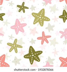 Seamless pattern with pink and green starfish