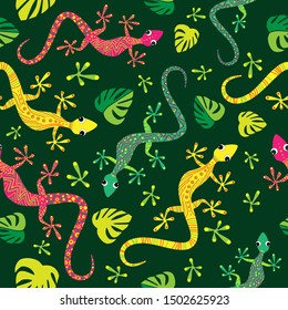 Seamless pattern. Pink, green and yellow lizzards on dark green color backround. Vector graphic illustration.