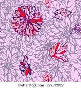 seamless pattern with pink and grey dahlia and leaves