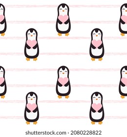 Seamless pattern with pink grunge stripes and penguins. Valentines day background. Vector background design for fabric and decor.
