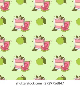 Patrón sin fisuras con guayaba rosa Postre dulce cremoso con vidrio sobre fondo verde con fruta tropical. Verano Refrescante Comida exótica. Ilustración vectorial