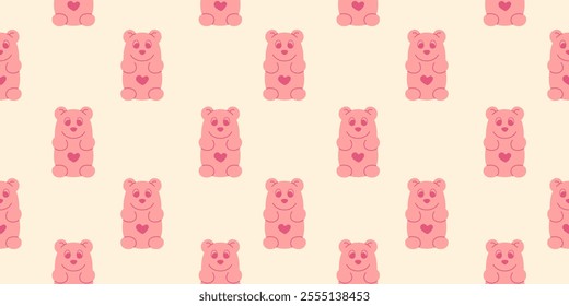 Seamless pattern with pink gummy bears on beige background. Sweet doodle jelly, candy design background in soft pastel colors for fabric print, textile, wrapping paper, cover, backdrop, wallpaper. Vec