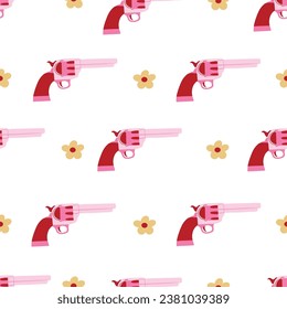 Seamless pattern with pink gun and flowers. Wild west, western design. Cowgirl concept. Hand drawn vector illustration