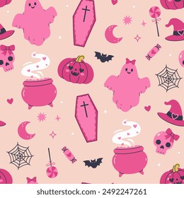 Seamless pattern of pink Halloween items. Vector graphics.