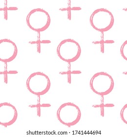 Patrón sin brillo con la mano rosa dibuja el signo femenino. Derechos de la mujer. El género repite el fondo del vector. Ilustración vectorial impresa