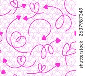 Seamless pattern of pink hand drawn arrows swirling into a heart shape on a background of hearts