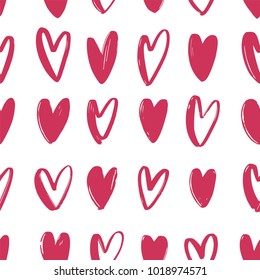 Patrón sin inconvenientes con corazones dibujados a mano rosa sobre fondo blanco. Fondo de amor, pasión y símbolos de citas. Ilustración vectorial del día de San Valentín para envolver papel, tela impresa, papel pintado.