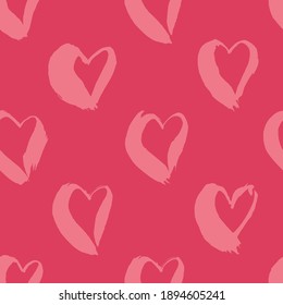 Seamless pattern with pink hand drawn hearts. Ink brush drawn background for love story, greeting card, invitation, wedding, St. Valentine day, wrapping paper, textile.