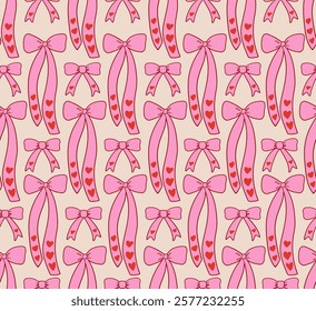 Seamless pattern with pink hand drawn bows and stars. Vector background for valentines day, birthday and other holidays