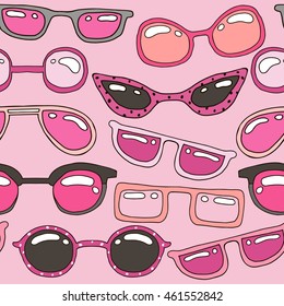 Seamless pattern with pink hand drawn sunglasses. Beauty summer texture. Perfectly look on fabric, web, textile, etc. Vector Illustration