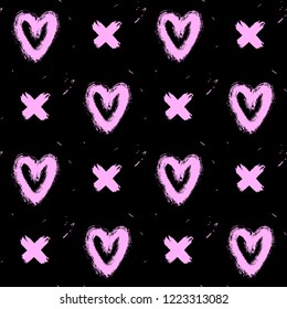 Seamless pattern with pink hand-drawn in ink messy hearts and crosses isolated on black background. Doodle style abstract grunge texture.