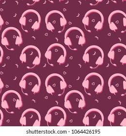 Seamless pattern with pink headphones. For fabric, textile, wallpaper, wrapping paper. Vector Illustration. On pink background. 