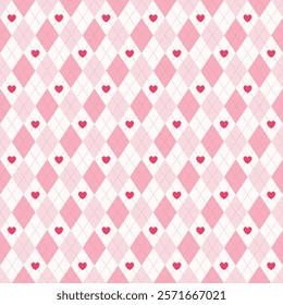 Seamless pattern with pink heart and argyle background for Valentine’s Day backdrop, card, banner, wallpaper, wrapping, print. Vector illustration.