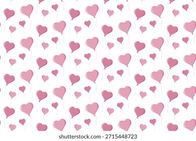 Modelo inconsútil de globos rosados del corazón con las cuerdas suaves en un fondo blanco limpio. Diseño romántico juguetón para envolver papel, textiles, papelería, decoración de fiesta y temas de San Valentín