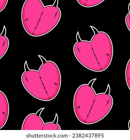 Seamless pattern with pink Heart. Black Emo Goth background. Gothic aesthetic in y2k, 90s, 00s and 2000s style. Vector illustration