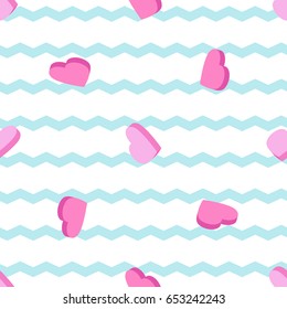 Seamless pattern with pink heart and blue stripes