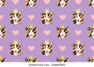 Seamless pattern with pink heart and cartoon roar tiger heads wearing a crown on pastel lilac background. Festive background or print.