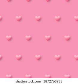 Nahtlose Muster rosa Herz kontinuierlich auf rosafarbenem Vektorhintergrund. Wiederholende Herztextur für Geschenk- oder Bildschirmhintergrund der Liebeszeit.