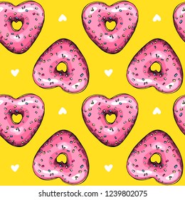 Seamless pattern. Pink heart donuts on a yellow background. Textile composition, hand drawn style print. Vector illustration.