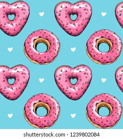 Seamless pattern. Pink heart donuts on a blue background. Textile composition, hand drawn style print. Vector illustration.