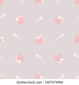 Patrón sin foco. Corazón rosa y flores. Patrón interminable para la festividad, Día de San Valentín. San Valentín o postal, papel de embalaje, portátil, embalaje. Imagen vectorial. Estilo plano.


