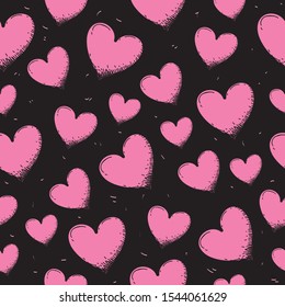 seamless pattern pink heart  hand drawing doodle style on black background. vector illustrations