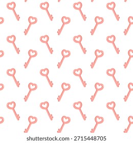 Seamless pattern of pink heart keys on white. Cute romantic design for wrapping paper, textiles, stationery, party decor and Valentine projects. Ideal for sweet love themes and cute branding always