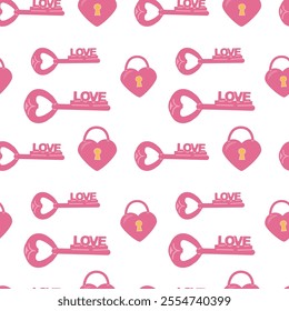 Seamless pattern of pink heart locks and love keys on white background.