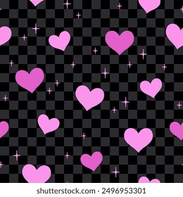 Seamless pattern with pink heart on dark background. Vector texture.  Fabric, textile print.