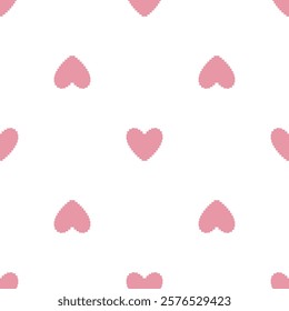 Seamless Pattern with Pink Heart Pixel. Cute Game heart pixel style. Vector illustration on a white background.