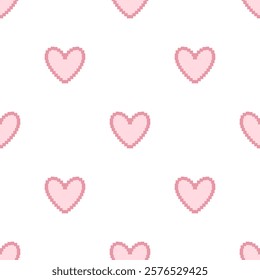 Seamless Pattern with Pink Heart Pixel. Pixel art background. Vector illustration on a white background.