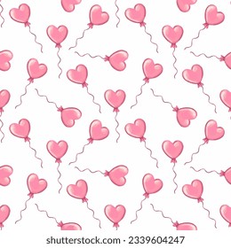 seamless pattern with pink heart shaped air balloons on white background