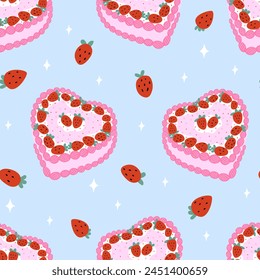 Patrón sin costuras con pasteles en forma de corazón rosa con fresas. fondo plano de Vector