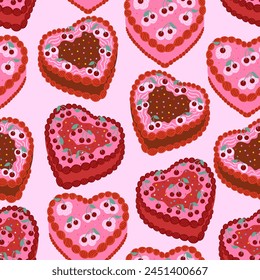 Seamless pattern with pink heart shaped cakes with cherries. Vector flat background
