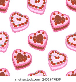 Seamless pattern with pink heart shaped cakes with strawberries. Vector flat background